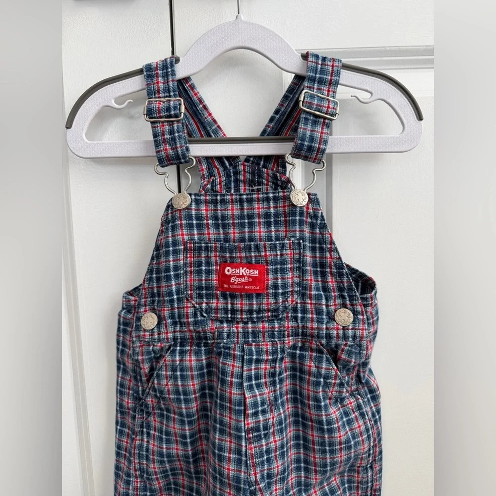 Vintage OshKosh BGosh Red White Blue Plaid Overalls Size 12 Months
